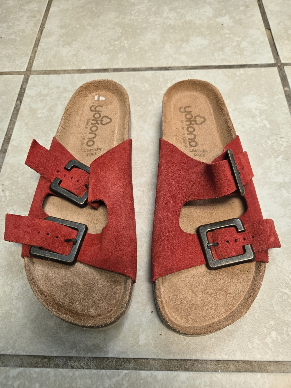 Yokono Red Suede Double-Buckle Slide Sandals for Women